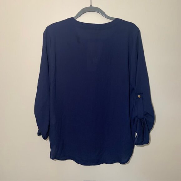 NWT Michael Kors Women's Navy Gold Zip Work Blouse - Size L - FLAW - Discounted - Picture 7 of 8